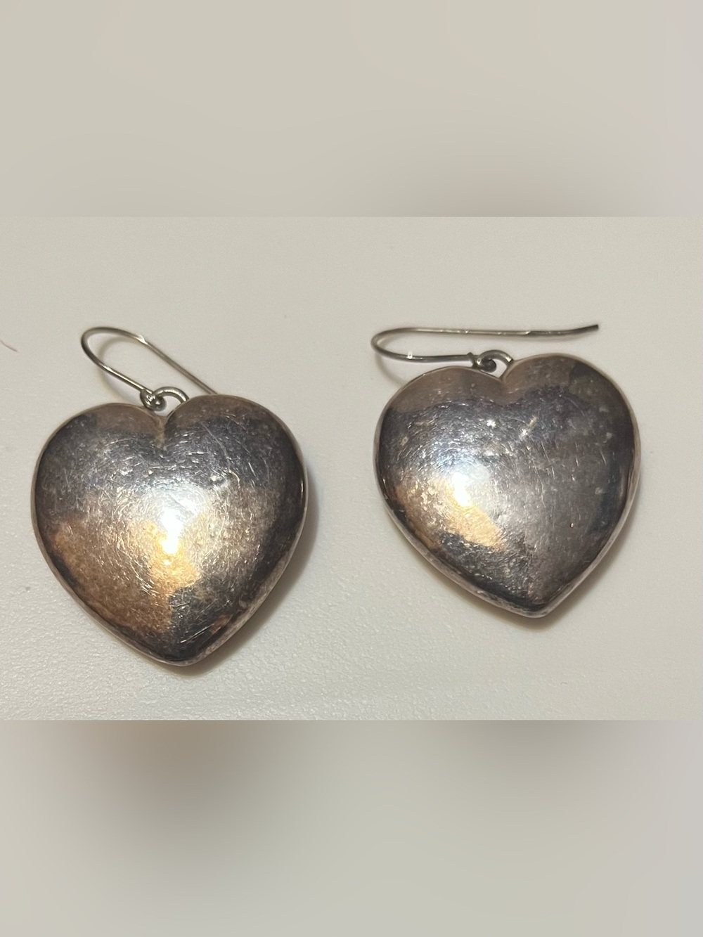 Vintage Sterling Silver Puffy Heart Dangle Earrings Stamped Israel